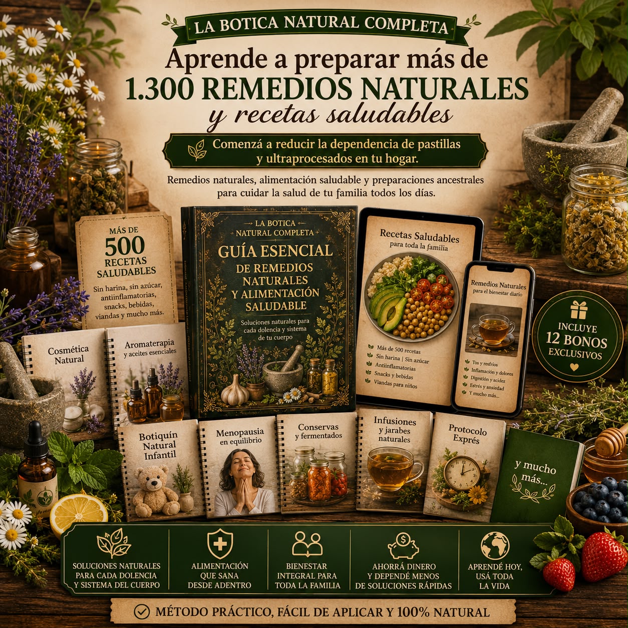 LA BOTICA NATURAL COMPLETA: Remedios naturales + alimentación saludable en un solo lugar 🌿 Más de 1.300 recetas para aliviar las dolencias más comunes, comer mejor y cuidar a tu familia de forma natural. 🎁 10 bonos exclusivos incluidos.
